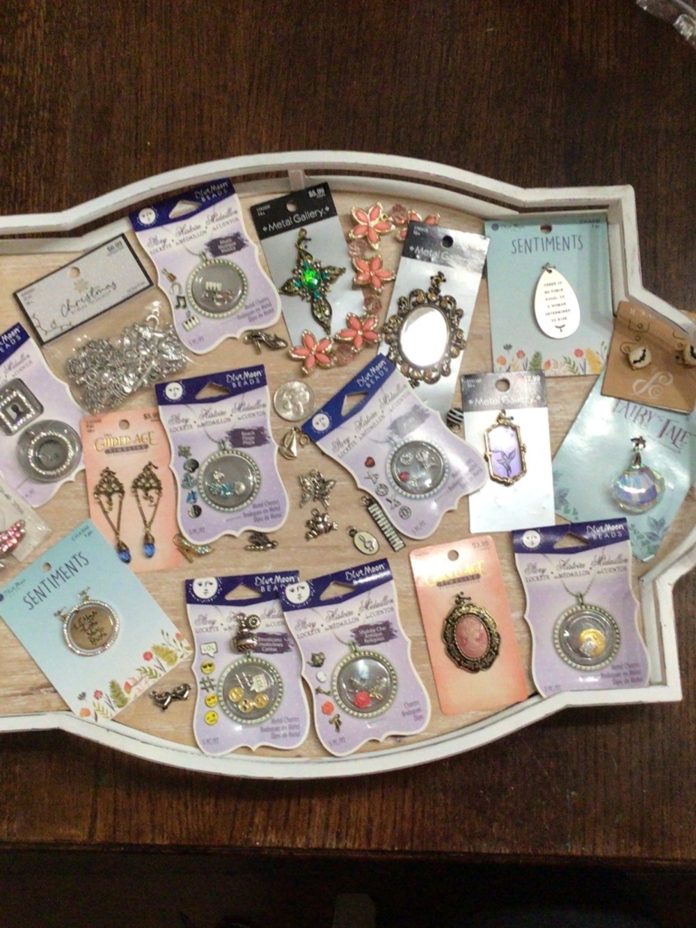 Tray of jewelry making beads, charms, pendants etc. most new in packages